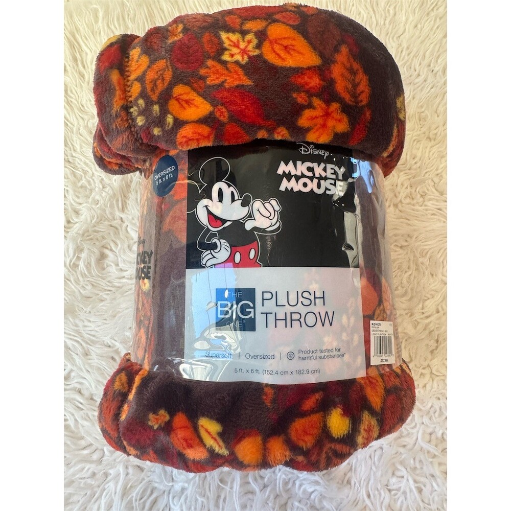 Disney Mickey Mouse Throw Blanket Brown Fall Leaves Oversized 60x72""